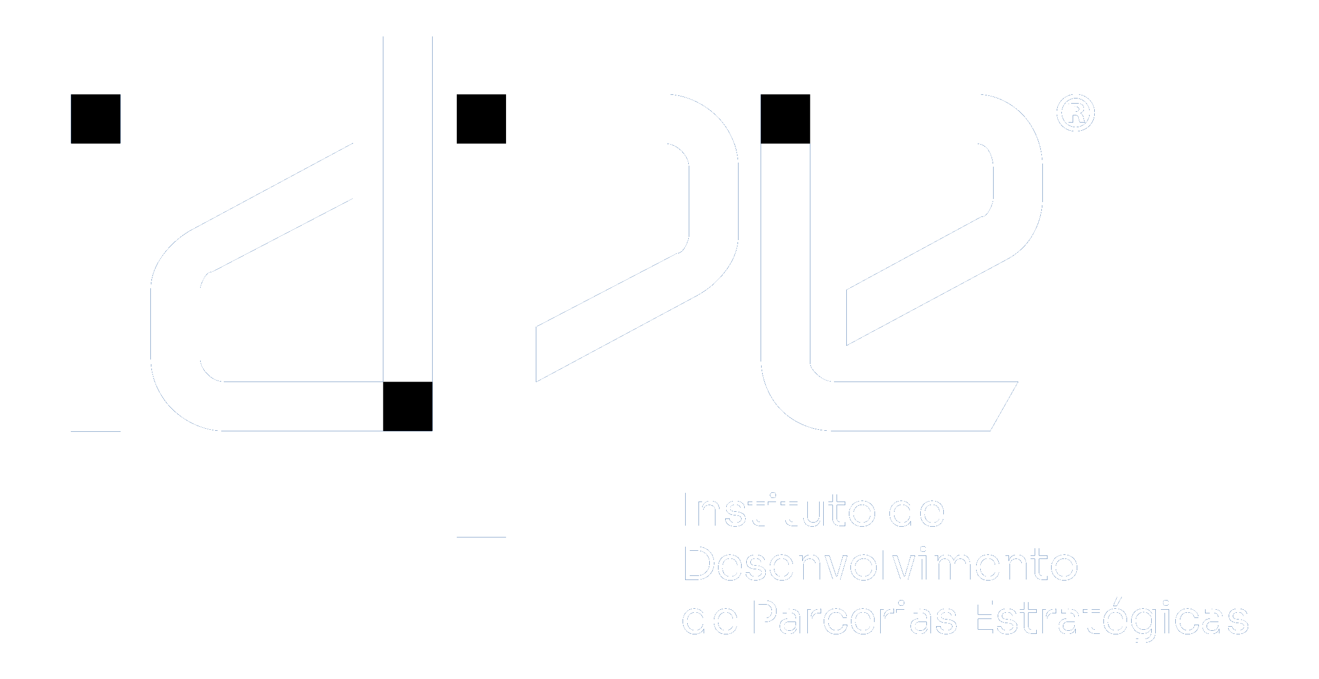 Logo branca com acentos pretos sobre azul
