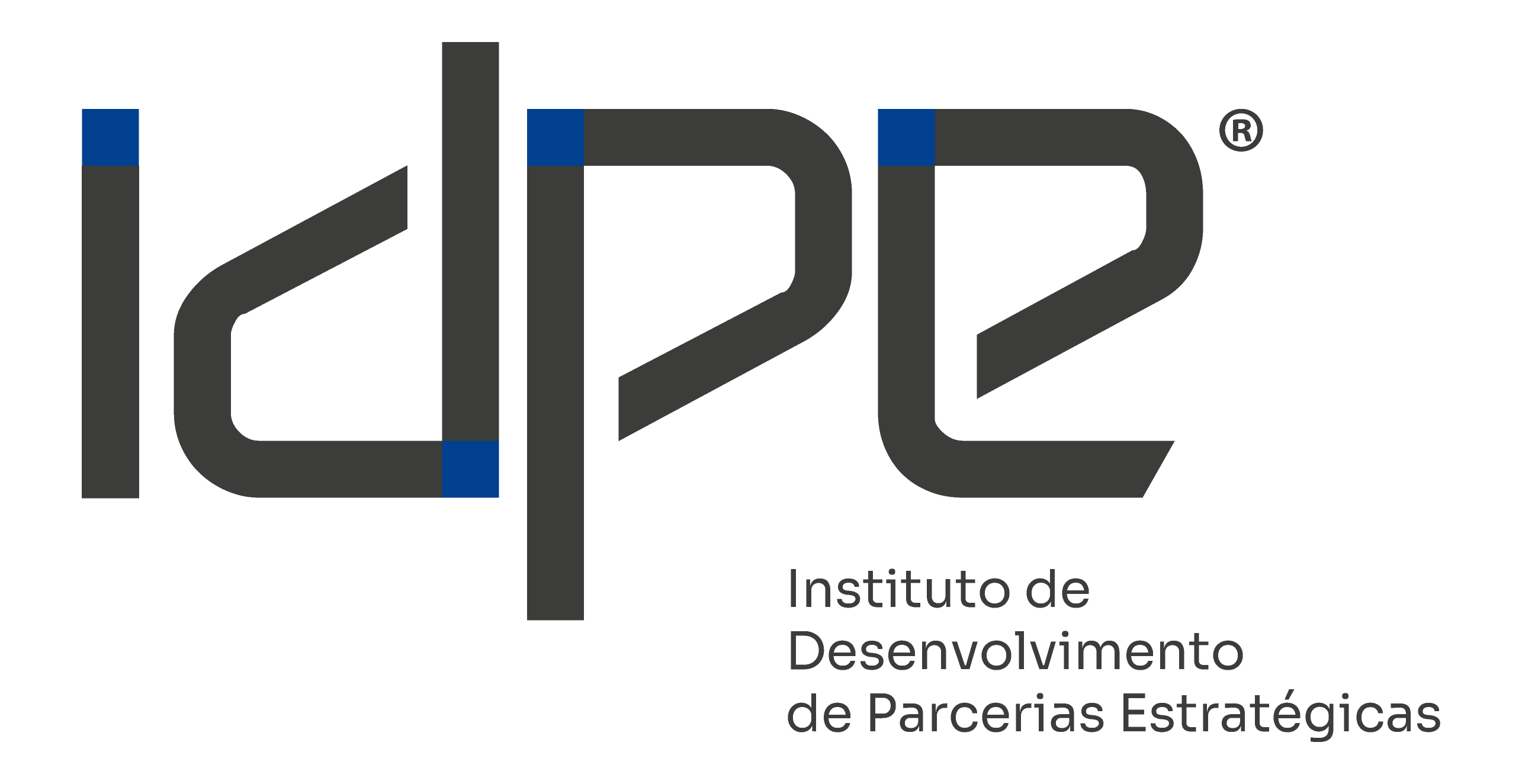 Logo IDPE completa, versão fechada em cinza grafite com acentos azuis